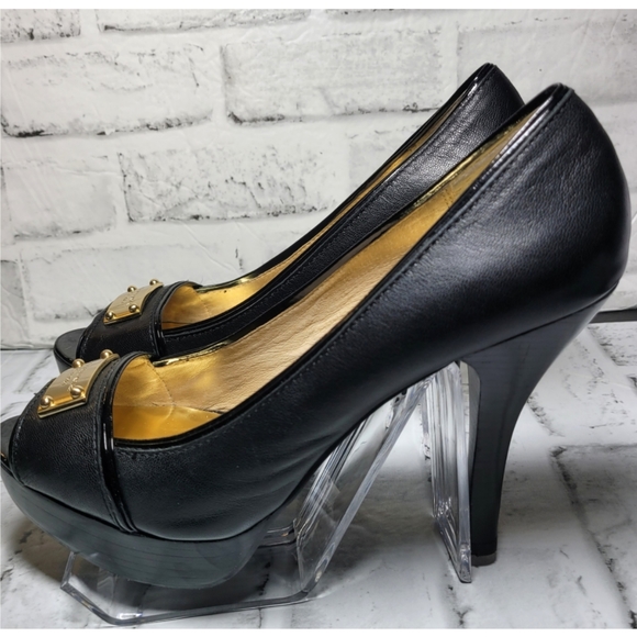 Michael Kors Women Black Peep Toe Heels Size 10M Gold Plaque Logo Label Platform - Picture 4 of 11